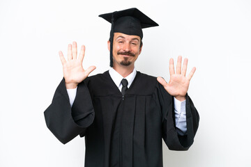 Young university graduate man isolated on white background counting ten with fingers