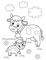 Coloring Page outline of cartoon cute cows grazing in the meadow. Animal coloring book for kids.