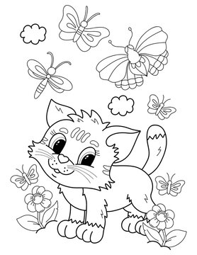 Coloring Page Outline of cartoon cute cat and butterflies. Animal coloring book for kids.