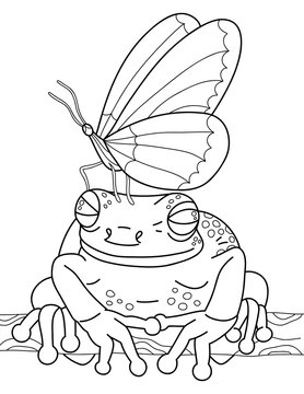 Coloring Page outline of cartoon cute frog with a butterfly on its head. Animal coloring book for kids.