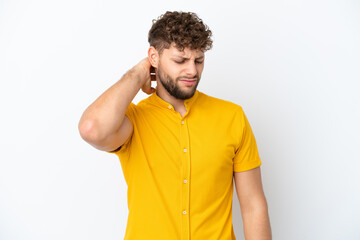 Young handsome caucasian man isolated on white background with neckache