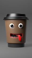 Cup of coffee with scary face on dark background. 3d illustration render. Halloween party concept.