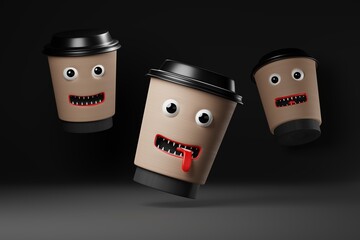 Flying scary Halloween cups of coffee on black background. 3d illustration render. Halloween party concept.