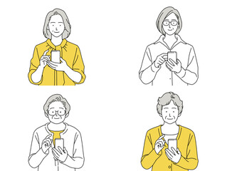 人物 イラスト 女性 セット 正面 スマホ 操作する シニア