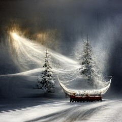 Magical forest with fantasy Christmas tree, magical Christmas time, snow and snowflakes, winter...