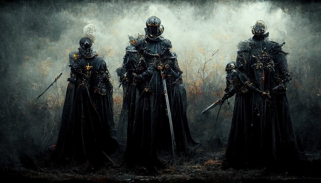 Dark mood image, Halloween theme.  Dark Knights in body armor with swords. fantasy world, Fight between god and evil, with. Knights of the apocalypse.