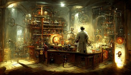 Scientist laboratory in steampunk look style with high details abd beautiful vintage tone collor palette,.