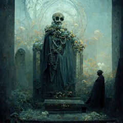 A gost with  skull head and robe, in cemetery, momento mori fantasy image for use as a Halloween...