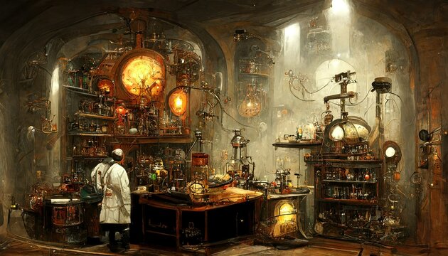 Scientist laboratory in steampunk look style with high details abd beautiful vintage tone collor palette,.