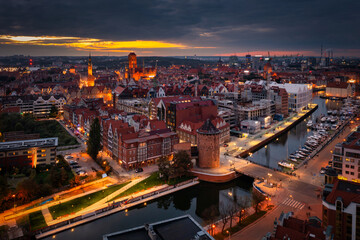 Aerial view of the beautiful main city in Gdansk at dusk, Poland