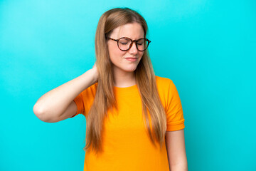 Young caucasian woman isolated on blue background with neckache