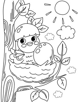 Coloring Page outline of cartoon cute chick in the nest. Animal coloring book for kids.