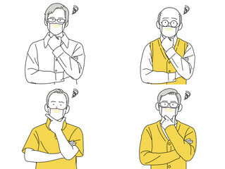 人物イラスト 男性 セット 正面 考える 悩む シニア