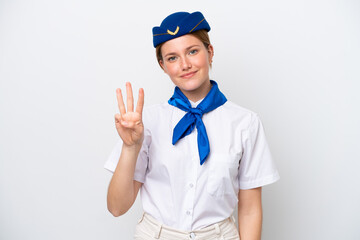 Airplane stewardess woman isolated on white background happy and counting three with fingers
