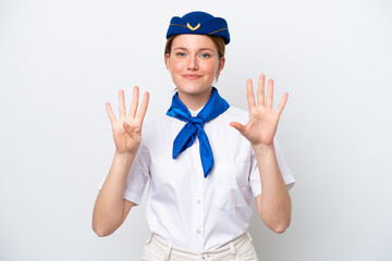 Airplane stewardess woman isolated on white background counting nine with fingers