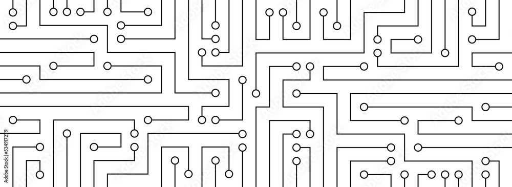 Poster Complex circuit board connect dots and lines banner background template. Network technology database graphic vector.