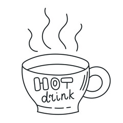 Coffee or tea cup, traditional beverage. Mug of invigorating morning hot drink. Doodle hand-drawn sketch style. Editable stroke. Isolated. Vector illustration.