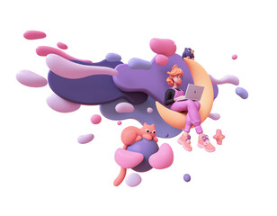 Red-haired happy romantic female writer in glasses, pink overalls uses laptop for work sits on yellow moon in space, floating blue purple clouds stars, cat, owl. 3d render isolated on white backdrop.