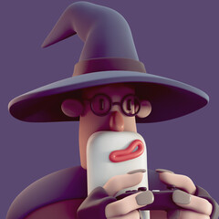 Portrait of funny magician in glasses with a long gray beard wears a purple wizard robe, a hat holds a black gamepad in his hands plays a video game. Fairytale face of an old happy sorcerer. 3d render