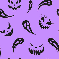 Seamless Halloween Pattern. Scary faces smile. The ghosts are frightened and fly away.