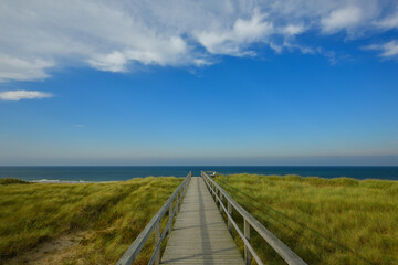 Ein Brücke aus Holz führt zum Schutz der Küstenlandschaft über eine Grasbewachsene Sanddüne zum Strand. Das Meer leuchtet Blau und am blauem Himmel hängen leichte weiße Wolken.