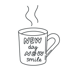 Coffee or tea cup, traditional beverage. Mug of invigorating morning hot drink. Doodle hand-drawn sketch style. Editable stroke. Isolated. Vector illustration.