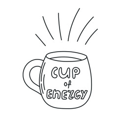 Coffee or tea cup, traditional beverage. Mug of invigorating morning hot drink. Doodle hand-drawn sketch style. Editable stroke. Isolated. Vector illustration.