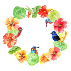  Watercolor wreath  with summer flowers and birds. Transparent layer
