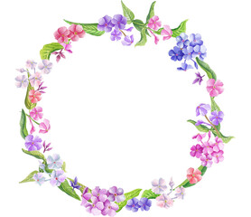 Fototapeta na wymiar Watercolor wreath with summer flowers. Transparent layer