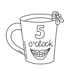Tea cup, green or black traditional beverage. 5 o'clock. Mug of invigorating morning hot drink. Doodle hand-drawn sketch style. Editable stroke. Isolated. Vector illustration.