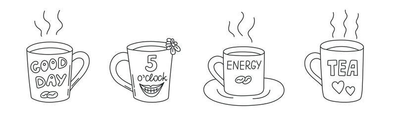 Coffee and tea cups set, traditional beverages. Mugs of invigorating morning hot drinks. Doodle hand-drawn sketch style. Editable stroke. Isolated. Vector illustration.
