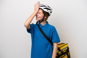 Young English woman with thermal backpack isolated on white background has realized something and intending the solution