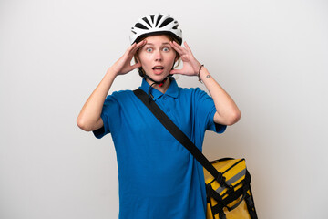 Young English woman with thermal backpack isolated on white background with surprise expression