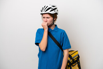 Young English woman with thermal backpack isolated on white background having doubts