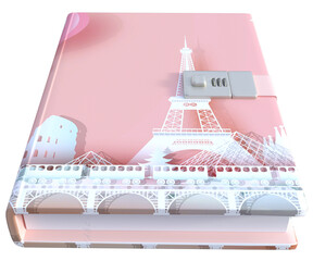 Pink female journal showing a picture of the Eiffel Tower on the cover