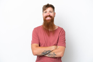 Redhead man with long beard isolated on white background keeping the arms crossed in frontal...