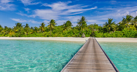 Beautiful tropical Maldives island relaxing scene blue sea, blue sky holiday vacation background. Wooden pathway, pier. Amazing summer travel concept. Ocean bay palm trees sandy beach. Exotic nature