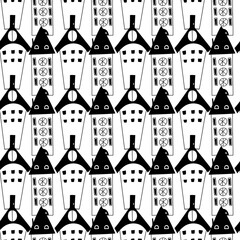 Pattern with black and contour houses for kids fabric. Doodle style drawing buildings © a.yaskova