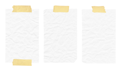White ripped crumpled paper pieces collection. Realistic paper scraps with adhesive tape on transparent background. Sticky notes
