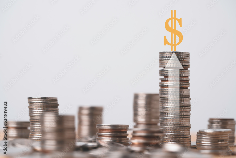 Poster yellow usd dollar sign on the top of coins stacking with up arrow for dollar increase value and perc