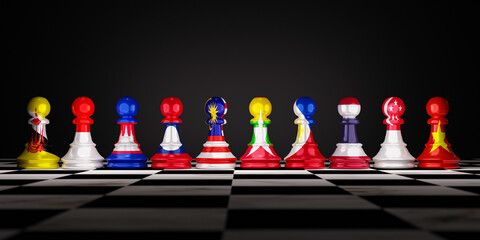 ASEAN countries or Association of Southeast Asian Nations include Brunei,Cambodia,Indonesia,Laos, Malaysia,Myanmar, Philippines, Singapore, Thailand and Vietnam print screen pawn chess by 3d render. - obrazy, fototapety, plakaty