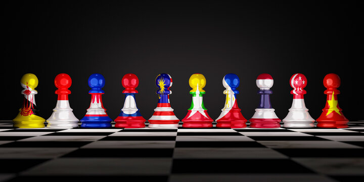 ASEAN countries or Association of Southeast Asian Nations include Brunei,Cambodia,Indonesia,Laos, Malaysia,Myanmar, Philippines, Singapore, Thailand and Vietnam print screen pawn chess by 3d render.