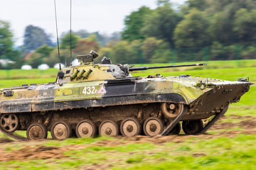 Ostrava Czech Republic 2022-09-15
The BMP-2  is an amphibious infantry fighting vehicle introduced in the 1980s in the Soviet Union, following on from the BMP-1 of the 1960s.