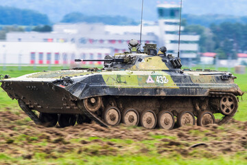 Ostrava Czech Republic 2022-09-15
The BMP-2  is an amphibious infantry fighting vehicle introduced in the 1980s in the Soviet Union, following on from the BMP-1 of the 1960s.