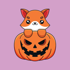 cute pumpkin fox halloween cartoon mascot doodle art hand drawn concept vector kawaii icon illustration