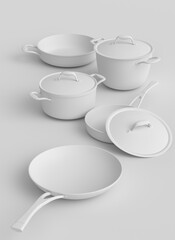 Set of stewpot, frying pan and chrome plated cookware on monochrome background