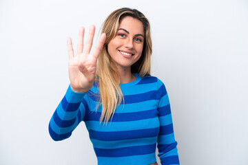 Young caucasian woman isolated on white background happy and counting four with fingers