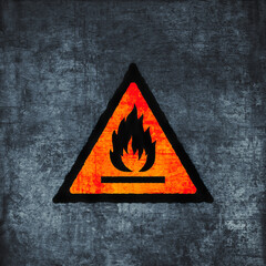 Flammable sign on scratched background. Fire hazard symbol, grunge textured. Conflagration risk...