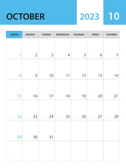 October 2023 template, Calendar 2023 template vector, planner monthly design, desk calendar 2023, wall calendar design, minimal style, advertisement, poster, printing media, simple creative vector - obrazy, fototapety, plakaty