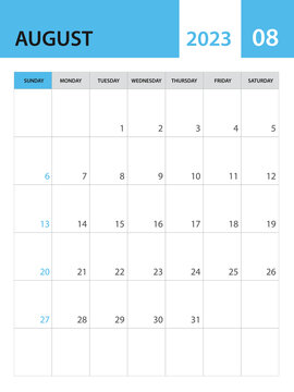 August 2023 template, Calendar 2023 template vector, planner monthly design, desk calendar 2023, wall calendar design, minimal style, advertisement, poster, printing media, simple creative vector